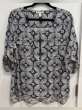 Dana Buchman Navy & White Geometric Printed Zip-Front Tunic Top Blouse Large